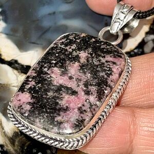 Beautiful Rectangular Black Pink Rhodonite Pendant 2”